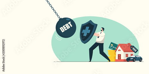 A businessman uses a shield to protect his assets, including a house, car, and savings, from a giant wrecking ball labeled debt. Flat character art on a light background.