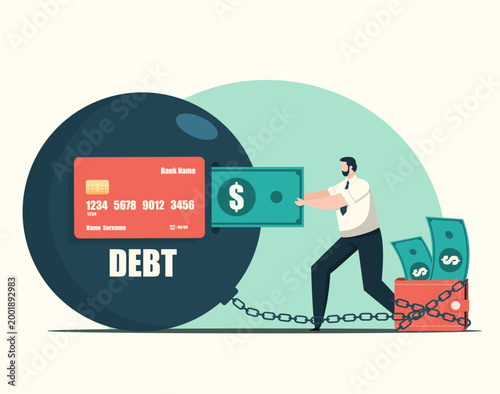 Business man putting cash into a giant black debt ball and chain with a credit card, financial burden and debt payment.