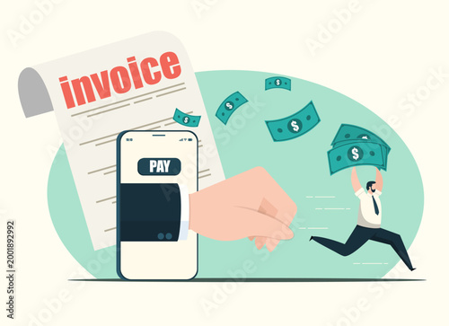 A flat character businessman fleeing while carrying cash, escaping a giant hand emerging from a mobile phone to collect payment on an unpaid invoice. Debt and tax evasion theme.