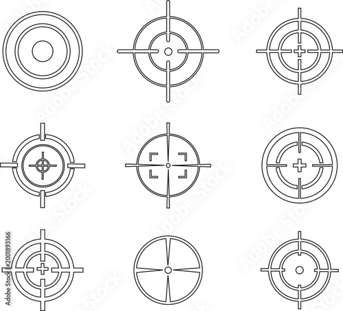 Target crosshair icon set collection group, aim reticle, scope sight, bullseye symbols in black flat and line style vector, colorful targeting UI elements for shooting, focus, accuracy design pack