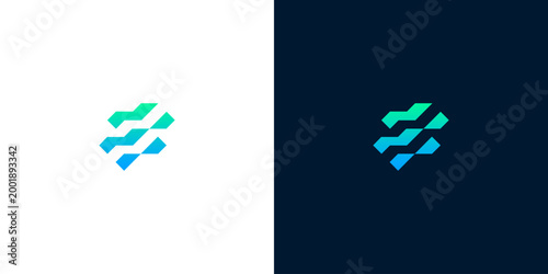 Abstract geometric logo design with vibrant gradient colors on white and dark backgrounds for a modern brand identity