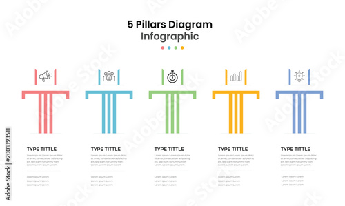 Quadro su tela Five pillars diagram infographic template with colorful columns for business str