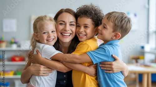 Joyful woman hugs three diverse children, sharing happy smiles in a bright classroom setting