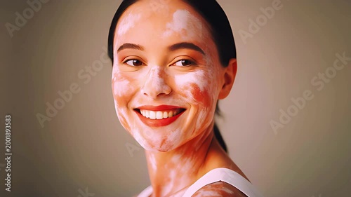 Woman with vitiligo smiling confidently, soft natural lighting