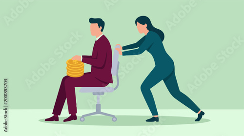 Photos Woman pushing man carrying money on an office chair, financial concept