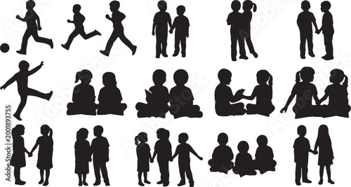 Collection of people sitting in various poses and settings in black silhouette on white background