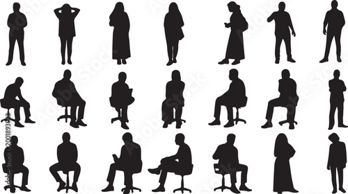 A collection of black silhouettes of people in various poses isolated on white background, Vector