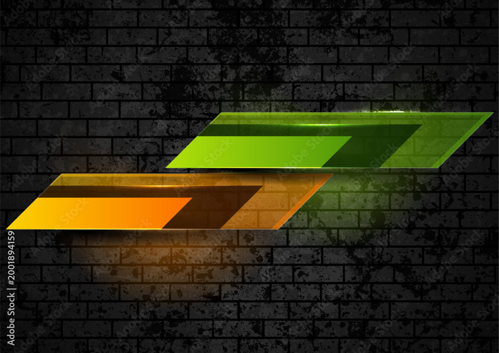 Obraz premium Futuristic green and orange glass quote panel on dark grunge textured background with luminous neon lights. Abstract retro vector design