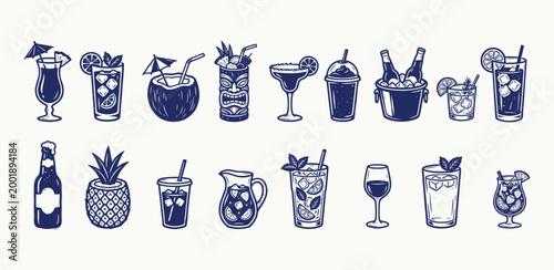 Summer cocktail icons and beverage illustrations in vintage black and white hand drawn style