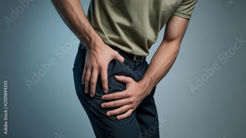 Man feeling hip pain holding his upper thigh area on gray background