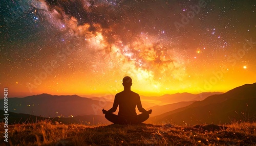 silhouette of a man meditating under a beautiful starry universe , concept of calmness and being one with the universe