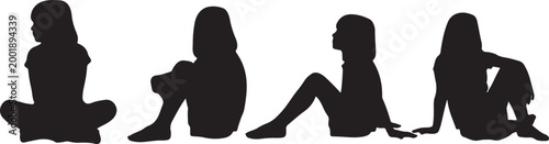 Collection of black silhouettes of people in various sitting and standing poses on white background Vector, illustration