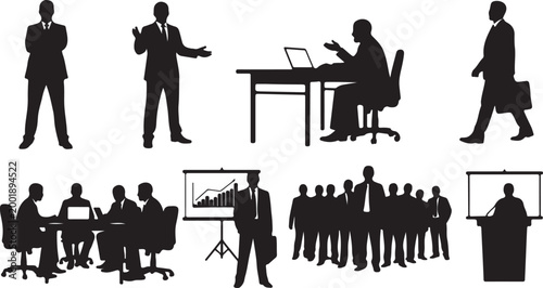 People silhouettes sitting in various poses on bench, black human vector collection isolated on white background, waiting area, casual lifestyle illustration set for design