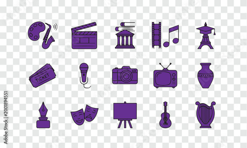 Creative Arts, Culture and Entertainment Vector Icons Set Media, Music, Film and Education Symbols
