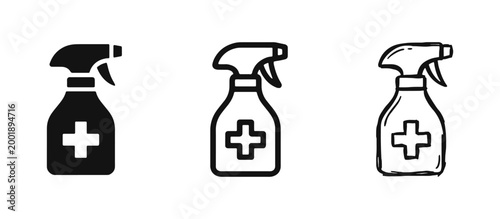 Disinfectant Sanitizer Spray Bottle Medical Icon Set in Three Styles