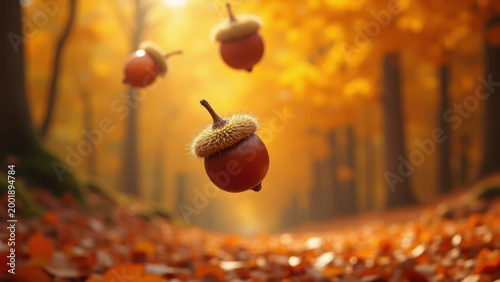 Autumn chestnut falling from tree with spiky shell, vivid orange glowing bokeh forest floor