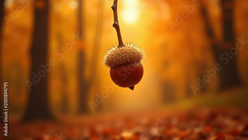 Autumn chestnut falling from tree with spiky shell, vivid orange glowing bokeh forest floor