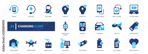 Charging icon set. battery, power, energy, electricity, device. solid style icon collection.