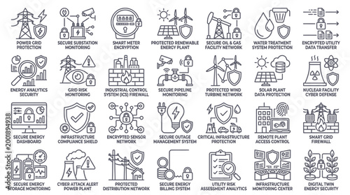 Detailed vector line icons illustrating smart grid technology, energy management, and cybersecurity systems for modern utility infrastructure and secure energy operations