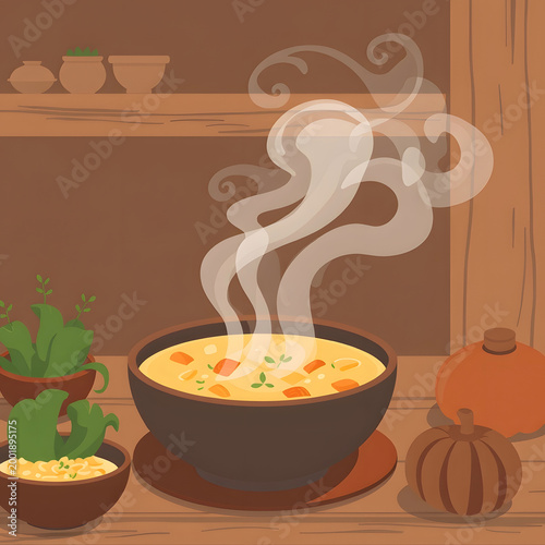Hot Soup with Steam Rising Cozy Food Scene Warm Comfort Meal