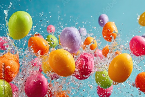 Colorful water balloons frozen mid-air in a dynamic splash sequence, perfect for summer fun and outdoor activities.