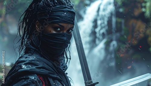 Warrior, face obscured by mask, holds sword near waterfall