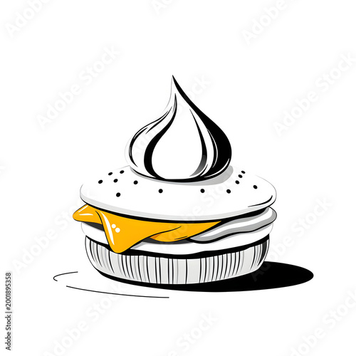 Black and White Cheeseburger Illustration with Melted Cheese Cartoon Style