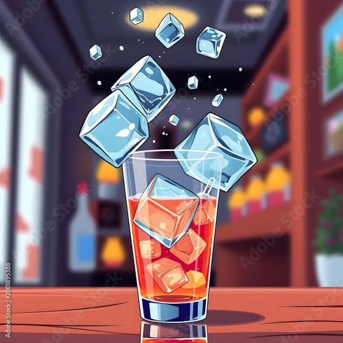 Ice Cubes Falling into Glass Drink Frozen Motion Refreshment Concept