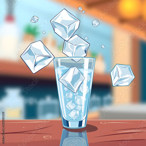 Ice Cubes Falling into Glass Drink Frozen Motion Refreshment Concept