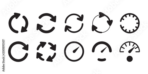 Set of black loading and refresh interface icons for web design on isolated gray transparent background vector.