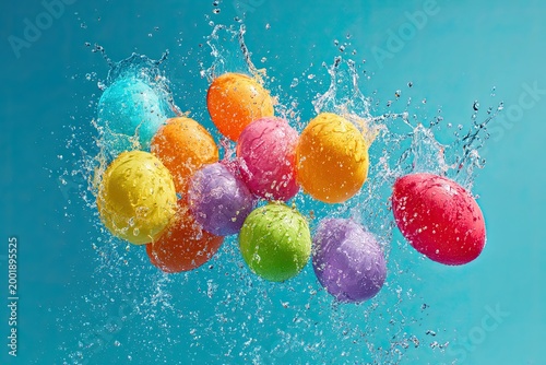 Vibrant colorful water balloons bursting mid-air with dynamic splashes in exciting outdoor play