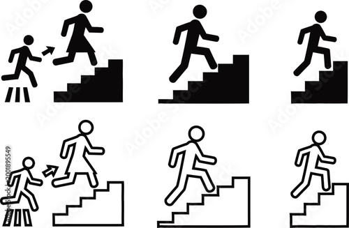 Emergency exit signage black silhouette figures running up and down stairs indicating escape routes