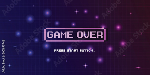 Game Over, Retro games for game assets in retro futuristic sci-fi background vector illustration. Glowing neon from an old arcade