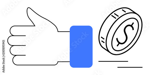 Financial growth, investments, positive feedback, rewards, business achievements, monetary gain. Hand giving a thumbs up with a dollar coin. Financial success and positive feedback concept