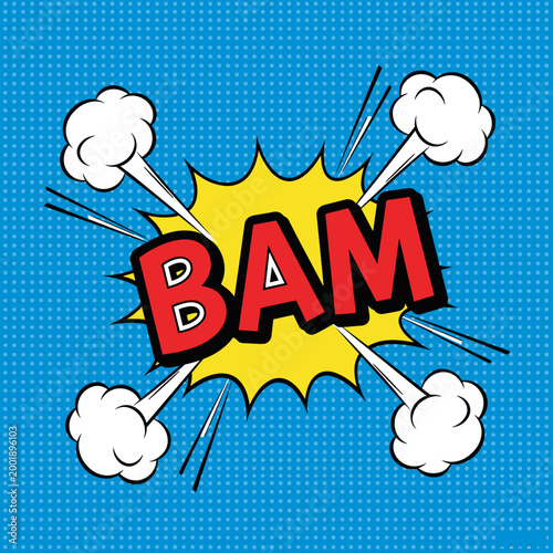 Red Comic Book Bam Explosion With White Clouds On Blue Dots