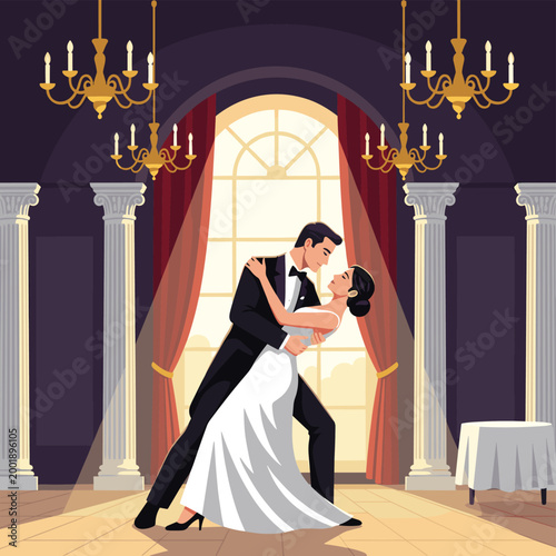 Romantic Dance of Couple in Formal Attire by Grand Window