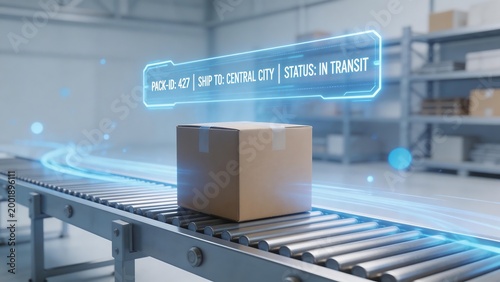 Package on conveyor belt in warehouse