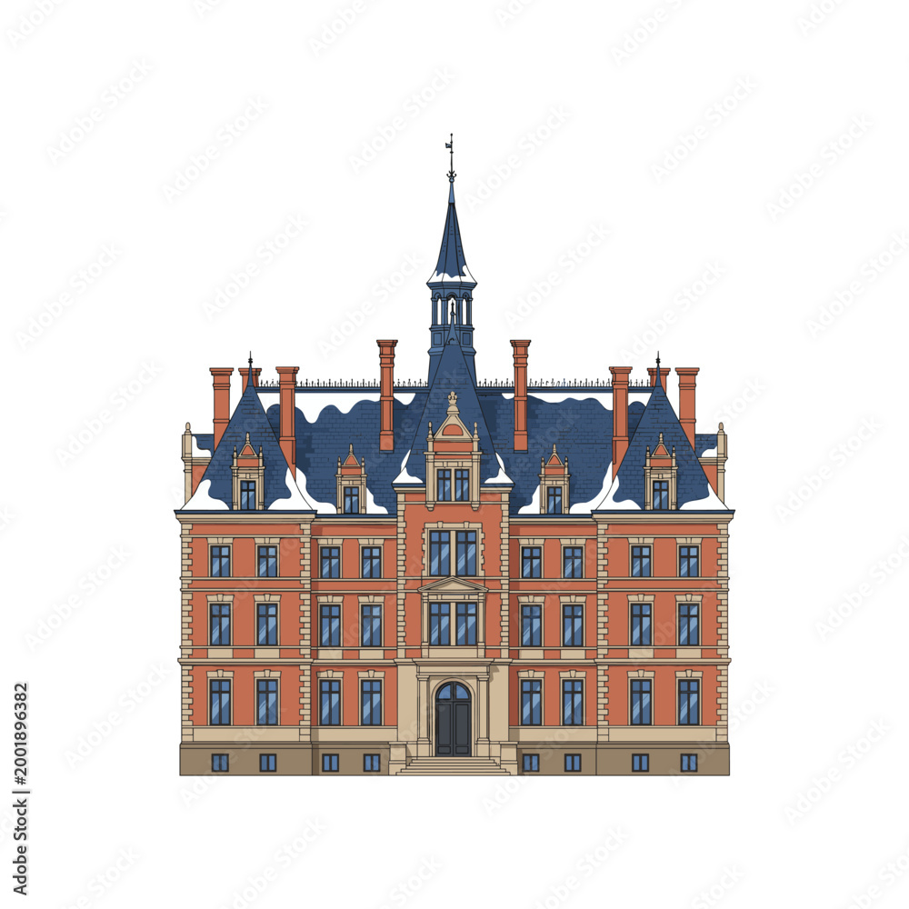 Fototapeta premium Detailed of Historic Red Brick Mansion with Steeple