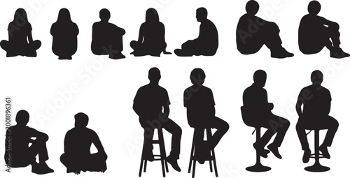 Black silhouettes of people in various poses on white background silhouettes, people, black, white background, standing, sitting, interacting, casual, various poses, no facial anonymous, crowd, group,