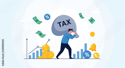 Person struggles while carrying a large heavy sack labeled tax representing the burden of financial debt and payments.