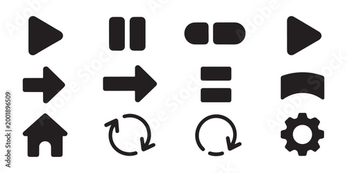Play button, arrows, home, settings vector icon set, user interface symbols collection.