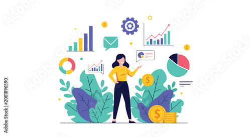 Successful businesswoman stands among colorful financial icons and growth charts representing career achievement.