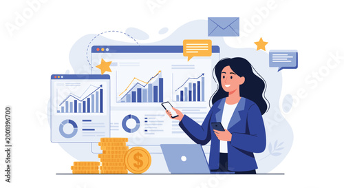 Financial analyst monitors business performance and investment data using professional charts and digital dashboards.