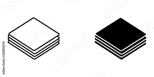 Stack of squares icon isometric view outlined and solid black vector illustration.