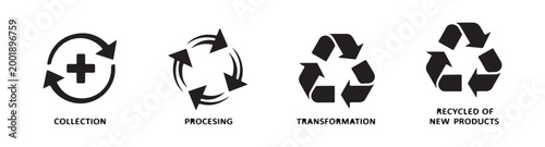 Recycling circular arrows collection processing transformation new products symbol representing sustainable cycle economy management.