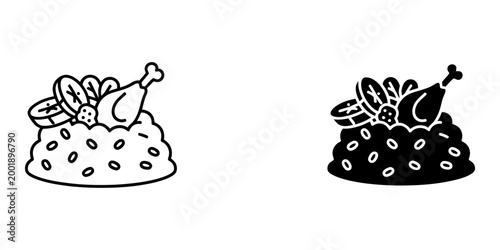 Plate of food with chicken leg and vegetables outline and solid black icon.
