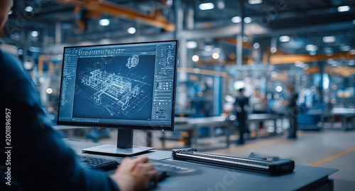 Engineer working on CAD software in a factory setting.