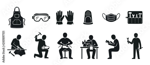 Shoemaker icon set with tools, leather working equipment, and artisan manufacturing symbols for shoe repair shop or cobbler craft service, professional master manual production black silhouette graphi