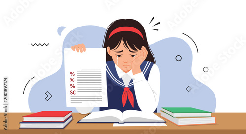 Disappointed young student crying while holding an exam paper with poor grades at her school desk surrounded by many books.