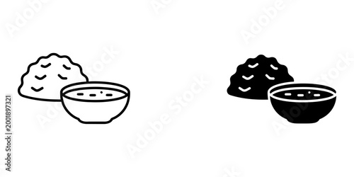 Mashed potatoes and sauce icon set showing mound of puree with gravy bowl in outline and black silhouette versions for side dish menu design and culinary theme graphic element web illustration.